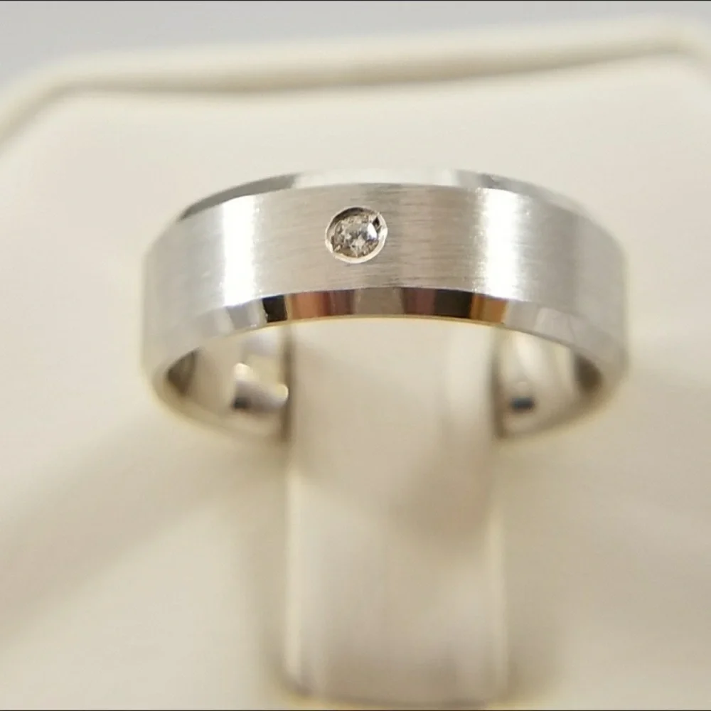 NEW Silver Stainless Steel 6mm Wedding Band Ring Cubic Zirconia Crystal Unisex